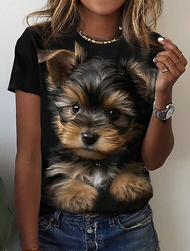  Damen T-Shirt Basic Hundeprint Kurzarm Normal Oberteile Rundhalsausschnitt Alltag Wochenende Schwarz