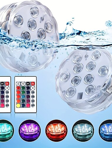  Outdoor Submersible LED Lights Waterproof 10 LED RGB Underwater Fishing Lamp Pond Fountain Lights Battery Operated Remote Control 16 Colors Pool Lights for Vase Aquarium Fish Tank