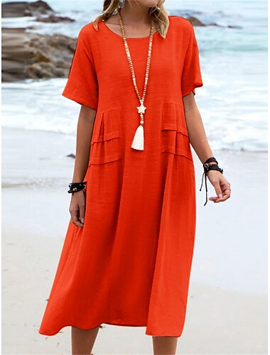  Mujer Vestido Midi Lino de algodón sintético Vestido Kaftan Vestido informal vestido suelto Moda Moderno Casual Diario Exterior Playa Holgado Plano Manga Corta Cuello Barco Azul Piscina Negro Rosa