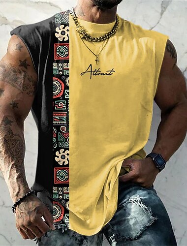  Herren Graphic Farbblock Stammes Shirt Ärmelloses T-Shirt für Männer Ärmellos Gurte T-Shirt 3D-Druck Rundhalsausschnitt Hemd Designer Ethnisch Muskel Täglich Sport Fitnessstudio Schwarz Weiß Gelb