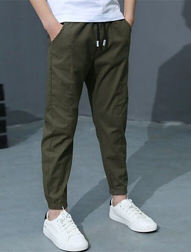  Leinenhose für Jungen, Hose mit Tasche, einfarbig, atmungsaktiv, Komforthose, Outdoor, cool, täglich, Basic, Armeegrün, Marineblau, Khaki, mittlere Taille