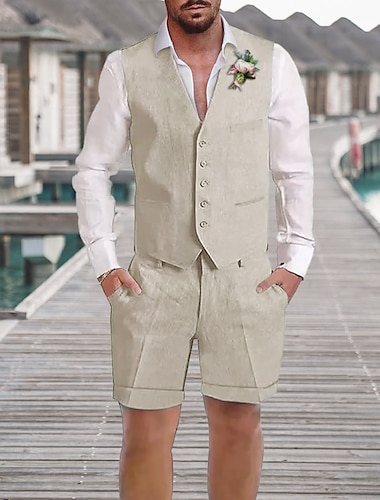  pezsgő égkék bézs férfi vászon öltöny esküvői rövidnadrág mellény strand esküvői nyári kosztüm 2 részes egyszínű szabott szabás 2024