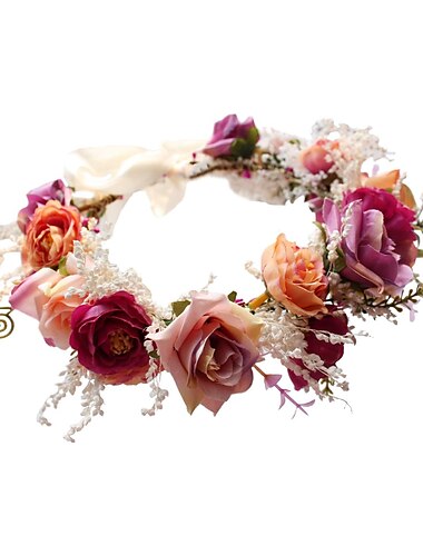  Corona floral para mujer, diadema de flores rosas, corona para el pelo, tocado floral, halo boho con cinta, boda, fiesta, festival, fotos de vivivalue