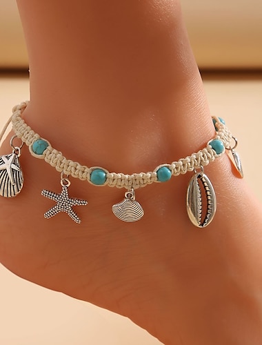  coque de cheville à breloque tresse simple & étoile de mer etc forme pendentif bijoux de pied de style plage d'été