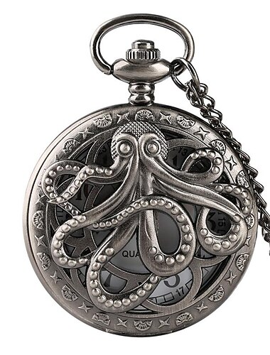  Vintage-Taschenuhr mit Kette, Punk-Schwarz-Oktopus-Muster, kreative Klappe, Retro-Taschenuhr