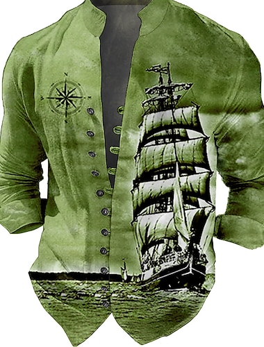  Herren Nautisch Vintage Segelboot Hemd Knopfhemd Langarm Vintage Modisch Strassenmode Outdoor Casual Täglich Sommer Frühling Herbst Ständer Bedruckt Blau-Grün Wein Blau Braun Grün