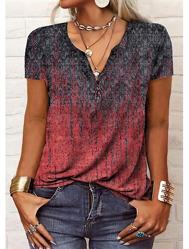  Damen T Shirt Henley Hemd Grafik Paisley-Muster Vintage Basic Kurzarm V Ausschnitt Normale Oberteile Täglich Wochenende Druck Schwarz Rote Blau