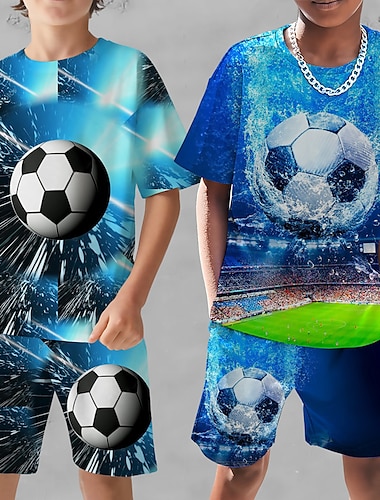  Pojkar 3D Grafisk Fotboll T-shirt och shorts T-shirtset Klädesset Kortärmad 3D-utskrifter Sommar Vår Aktiv Sport Mode Polyester Barn 3-13 år Utomhus Gata Semester Normal