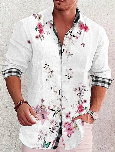  Herren Blumen Hemd Aloha-Shirt Langarm Modisch Strassenmode Designer Outdoor Casual Täglich Sommer Frühling Herbst Umlegekragen Bedruckt Schwarz Weiß Rote Marineblau Violett