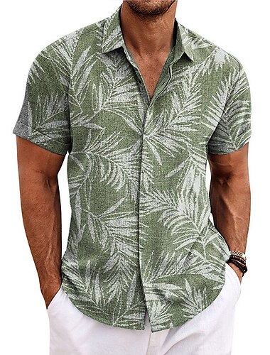  Voor heren Overhemd linnen overhemd Strand hemd Hawaiiaans overhemd Bladeren Buiten Straat Marine Blauw blauw Paars Groen Korte Mouw Strijkijzer Zomer Lente Kleding Afdrukken