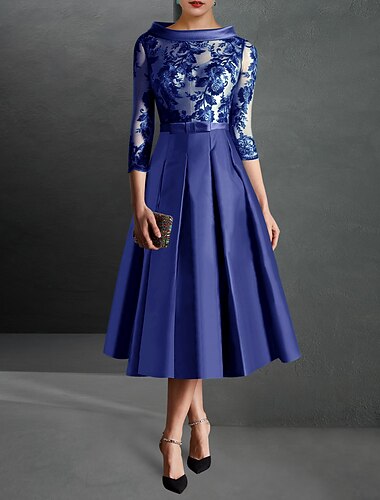  A-linje Ankellengde Festkjole Cocktail Kjole Kjole med vidt skjørt 3/4 ermer Besmykket Elegant Blomster Mor Formell Sateng Kjole til brudens mor med Plissert Appliqué