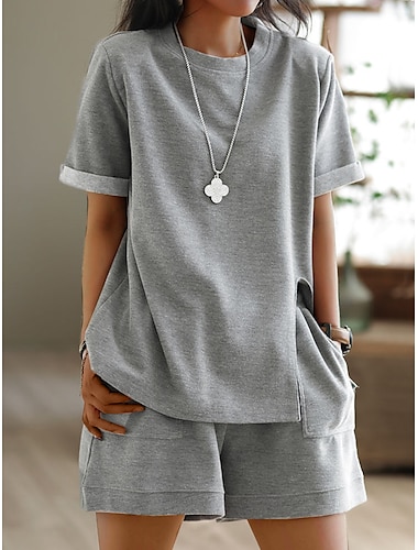  Mulheres Tamanho Grande Loungewear Conjuntos Cor imaculada Desporto Casual Conforto Casa Rua Diário Poliéster Respirável Gola Redonda Manga Curta Camiseta Calção Bolsos Verão Primavera Preto Branco