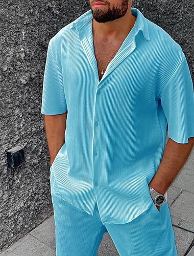  Homme Chemise 2 Pièces Ensemble chemises Chemise décontractée Blanche Bleu Manches courtes Plein Revers Plein Air Vacances Basique Vêtement Tenue Mode Loisir
