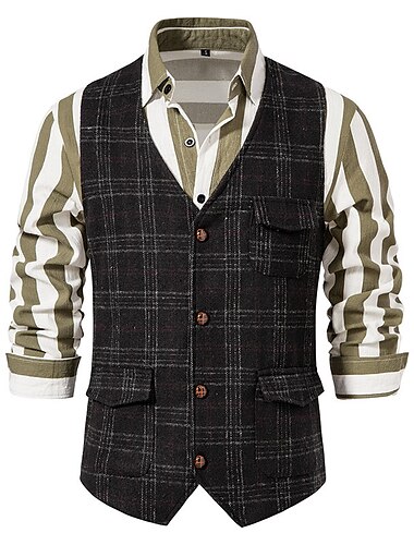  Pánské Kamizelka Vesta Denní nošení Dovolená Jdeme ven Vinobraní Bristké Jaro & podzim Tlačítko Polyester Pohodlné Pléd Jednořadé Klopa Běžný Šedá Černá Khaki Vesta