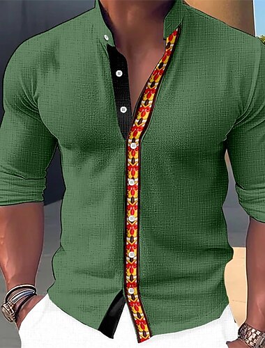  Herren Hemd Kleidhemd Geometrie Outdoor Lässig Marineblau Blau Orange Grün Langarm Stehkragen Sommer Frühling Bekleidung Druck