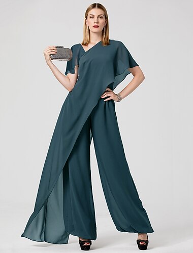  Jumpsuits Abendkleid Elegantes Kleid Sommer Bodenlang Kurzärmeliger V-Ausschnitt Abnehmbarer Chiffon mit Kreuzband