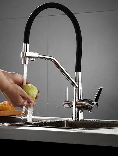  Grifo de cocina con rociador extraíble, agua purificada, grifos de doble caño, mezclador de fregadero montado en cubierta, grifo giratorio de latón con mango doble de arco alto y tubo flexible de 360 grados