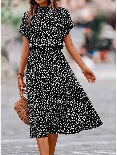  Damen-Midikleid mit Blumenmuster und Rundhalsausschnitt, kurzärmlig, für Dates, Sommer, Frühling