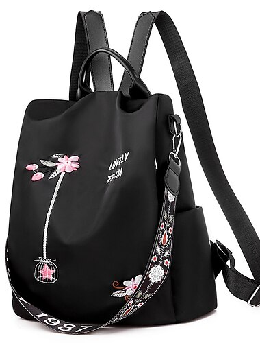  Sac à dos en nylon imperméable noir pour femme avec broderie florale et bandoulière – sac antivol léger et décontracté pour les voyages, l'école ou un usage quotidien
