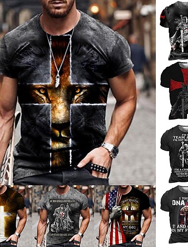  男性用 男女兼用 ライオン グラフィック 十字架 シャツ Tシャツ 半袖 Tシャツ 3Dプリント ラウンドネック シャツ デザイナー ベーシック 大きくて背が高い カジュアル 日常 ブラック / グレー ゴールド+ブラック ブラック 夏 衣類 プラスサイズ S M L XL XXL 3XL 4XL