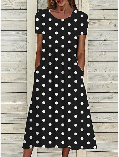  Damen Midi Kleid Floral Pünktchen Tasche Druck Rundhals Tägliches Date Kurzarm Sommer Frühling