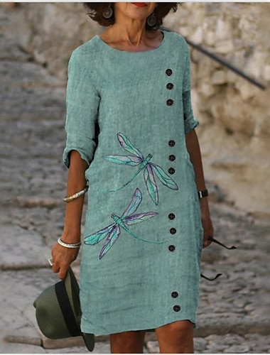  Femmes Grande taille Robe Midi Robes inspirées du lin Robe Décontractée Robe fourreau Basique Occasionnel Vacances Quotidien Week-end Coupe Ample Animal Imprimé Manche 3/4 Col ras du cou Violet Vert