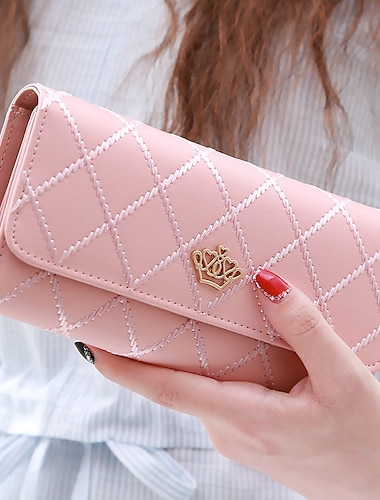  portefeuille matelassé rose pour femme avec emblème de couronne dorée - élégant et stylé pour un usage quotidien