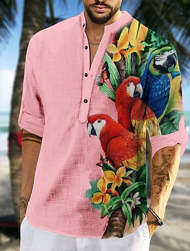  Herren Grafik-Drucke Papagei Hemd Aloha-Shirt Langarm Hemd Ständer Outdoor Strasse Weiß Rosa Blau Grün Bedruckt Bekleidung Modisch Strassenmode Designer Brautkleider schlicht