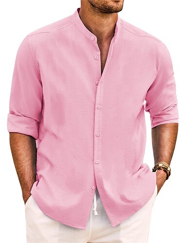  Voor heren Overhemd Overhemd met bandkraag Zomer overhemd Strand Kleding Normaal shirt Overhemd met knopen Effen Vakantie Casual Zwart Wit Blozend Roze Groen Lange mouw Band Kraag Lente zomer Kleding