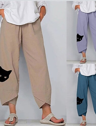  Mujer Pantalones de lino Chinos Lino Holgado Estampado Gato Media cintura Hasta el Tobillo Azul marino Verano