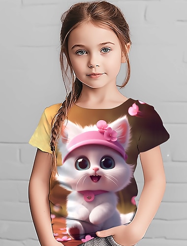  Mädchen T-Shirt mit 3D-Grafik, Tier und Katze, kurzärmlig, 3D-Druck, Sommer, Frühling, aktiv, modisch, süß, Polyester, Kinder, 4–12 Jahre, Outdoor, lässig, täglich, normale Passform