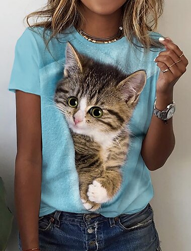  Damen T-Shirt Basic Katzen-Print Kurzarm Normale Oberteile Rundhalsausschnitt Alltag Wochenende Rosa Blau Lila Grün Grau