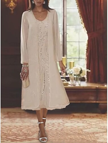  Strandhochzeit zweigeteiltes A-Linie Mutter der Braut Kleid formelle Hochzeitsgast elegantes V-Ausschnitt Tee-Länge Chiffon Spitze ärmellose Jacke Kleider mit Perlen Pailletten 2025 kostenlose