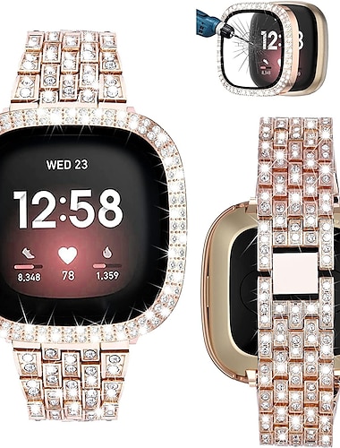  banda de reloj inteligente compatible con fitbit versa 3 / sense / versa 4 /sense 2 reemplazo de correa de metal de diamante brillante con funda protectora de pantalla para fitbit versa 3 / sense /