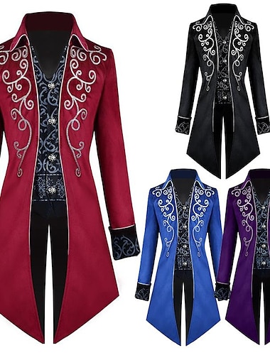  Rétro Vintage Punk et gothique Epoque Médiévale 18ème siècle 17ème siècle Manteau Costume de Cosplay Smoking Tailcoat Prince Vampire Gentilhomme Grandes Tailles Homme Brodée Halloween Carnaval