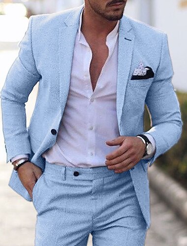  Trajes de lino azul claro para hombre, trajes de boda para la playa de verano, 2 piezas, color sólido, corte a medida, un solo pecho, un botón, 2024