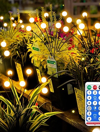 luzes de vaga-lume movidas a energia solar, pacote de 4 luzes de jardim solares de 8 led, luzes de vaga-lume ao ar livre à prova d'água com controle remoto 8 modos de iluminação, luzes solares