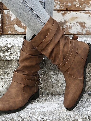  Damen Stiefel Slouchy-Stiefel Übergrössen Outdoor Täglich Feste Farbe Stiefel mit mittlerer Wade Winter Blockabsatz Runde Zehe Elegant Brautkleider schlicht Komfort PU Halbschuhe Schwarz Braun Grau
