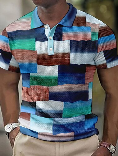  Herren Karomuster Waffel-Poloshirts Golfshirt Kurzarm Polo-Shirts Hemden mit Kragen Vintage Lässig Urlaubskleidung Formelle Kleidung Festivalkleidung Knöpfe 3D-Druck Gelb Rosa Blau