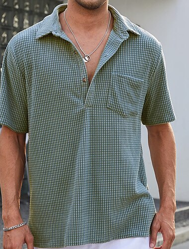  Voor heren Overhemd Popover-shirt Zomer overhemd Normaal shirt Blauw Groen Abrikoos Korte mouw Effen Revers Vakantie Dagelijks Kleding 100% katoen Modieus Casual Comfortabel