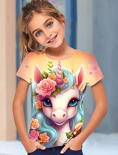  Mädchen 3D Graphic Karikatur Einhorn T-Shirt Kurzarm 3D-Druck Sommer Frühling Aktiv Modisch Kuschelig Polyester kinderkleidung 3-12 Jahre Outdoor Casual Täglich Regular Fit