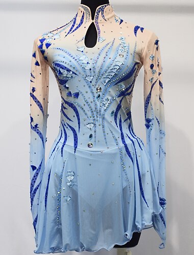  Figure Skating Dress Women's Girls' Ice Skating Dress Outfits Sky Blue Mesh Spandex High Elasticity Competition Skating Wear Handmade Crystal / Rhinestone Long Sleeve Ice Skating Figure Skating