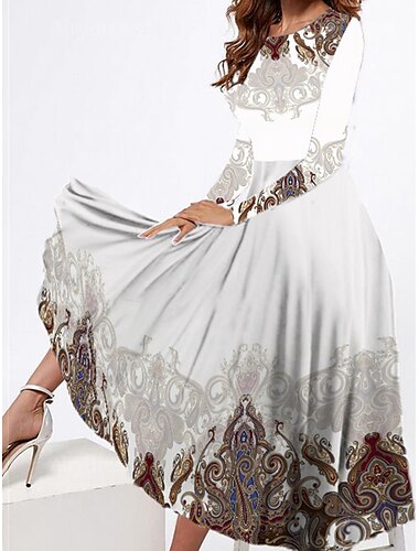  Damen Midikleid Freizeitkleid Winterkleid Ethnokleid Schwingkleid Vintage Ethnisch Tribal Formell Outdoor Urlaub Normale Passform Blumen Stammes Langarm Rundhalsausschnitt Weiß Wein Rote Marineblau