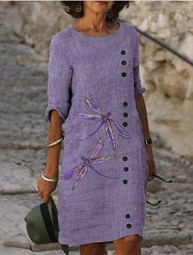  Damen Übergröße Midikleid Leinen-inspirierte Kleider Freizeitkleid Shiftkleid Basic Lässig Urlaub Täglich Wochenende Lässiger Schnitt Tiermotiv Druck Dreiviertelarm Rundhalsausschnitt Purpur Grün