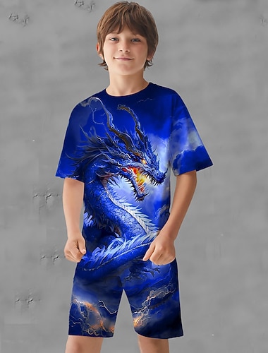  Drenge 3D Grafisk Dyr Drage T-shirt & Shorts T-shirt sæt Tøjsæt Kortærmet 3D-udskrifter Sommer Forår Aktiv Sport Mode Børn 3-13 år udendørs Ferierejse Gade Regulær