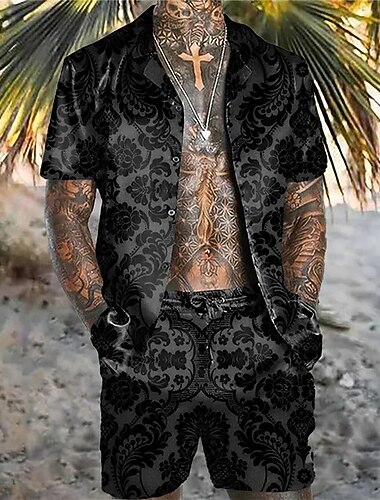  Voor heren Vlinder Bladeren 2 stuks Overhemden Sets Hawaiiaans overhemd Korte mouw Korte broek Cubaanse kraag Tropisch Modieus Hawaii Casual Feestdagen Strand Afdrukken Zomer Lente Zwart Zwart