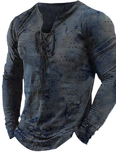  Herren T Shirt Grafik Weltkarte Kragen Bekleidung 3D-Druck Täglich Ausgehen Langarm Schnürung Druck Polyester Mode Designer Bequem