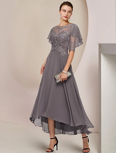  A-Linie Brautmutterkleid Formal kleid hochzeitsgast Elegant U-Ausschnitt Asymmetrisch Tee-Länge Chiffon Spitze Halbe Ärmel mit Perlenstickerei Applikationen 2024