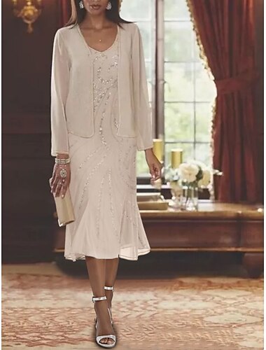  Vestido de Playa de Dos Piezas Estilo Sirena Madre de la Novia Vestido Formal Invitada de Boda Elegante lujoso Cuello en V Largo hasta la Rodilla Chiffon Sin Mangas Chaqueta Incluida con Perlas
