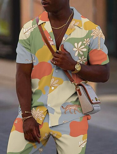  Per uomo Floreale Blocco di colori Stampe Grafiche Set di camicie Camicia Set Camicia Camicia hawaiana estiva Maniche Corte Colletto cubano Moda Streetwear Designer All'aperto Streetwear Casuale